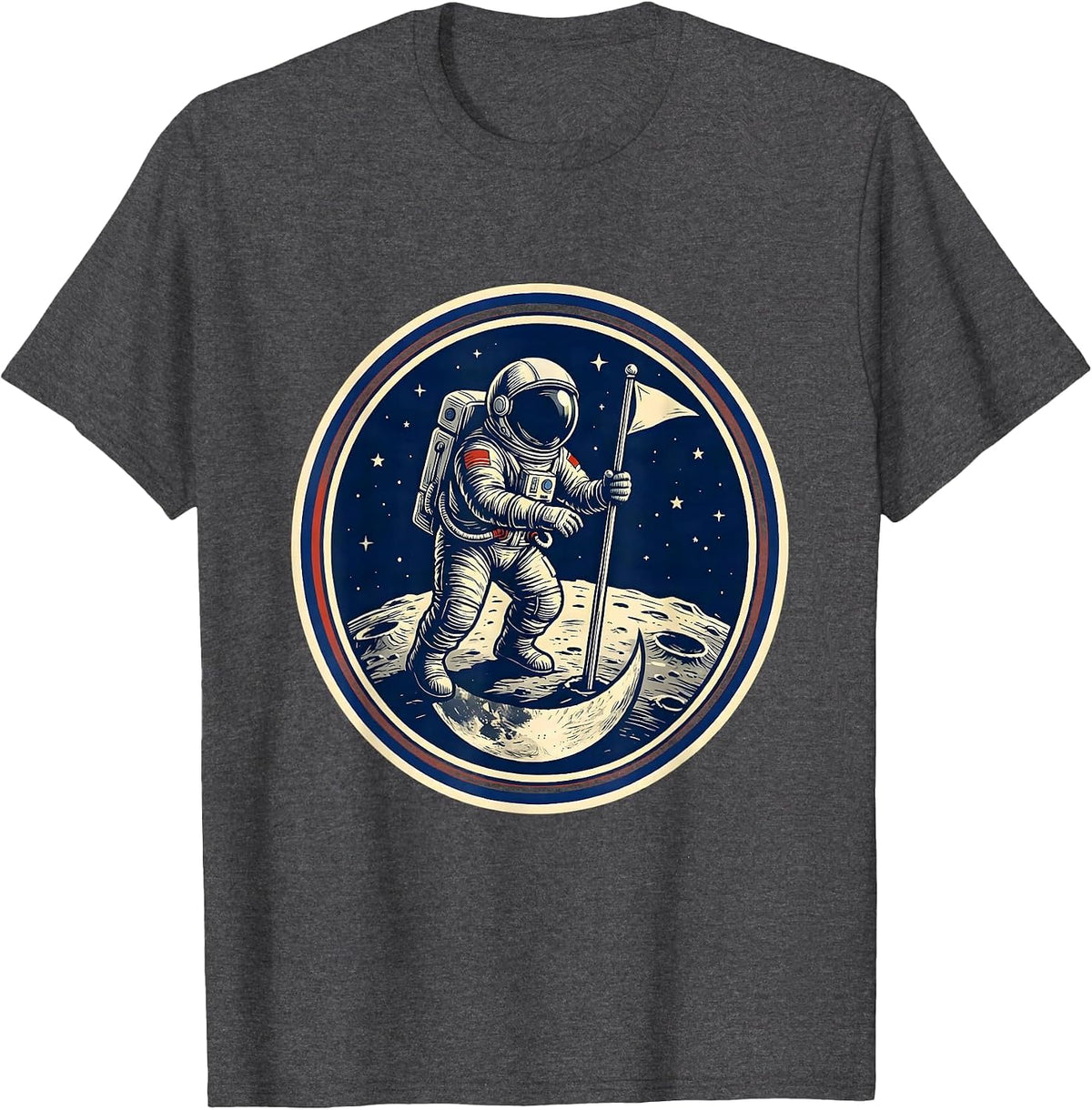 Men's Retro Astronaut Moon Landing Vintage Space Art T-Shirt - Dark Heather Grey