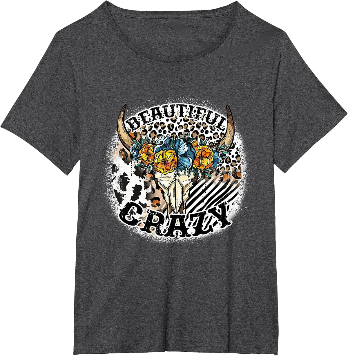 Beautiful Bull Skull Flower Crazy Cow Skull Leopard-Print T-Shirt - Dark Heather Grey