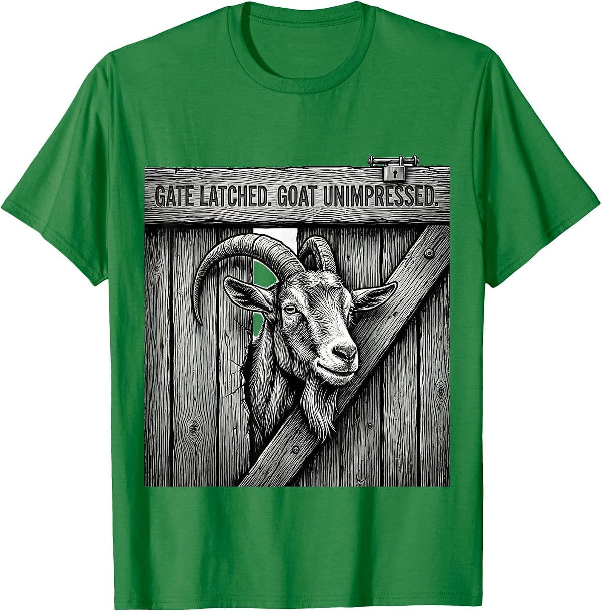 Men's Gate Latched Goat Unimpressed Funny Goat Lover Farmer Humor T-Shirt - Kelly Green