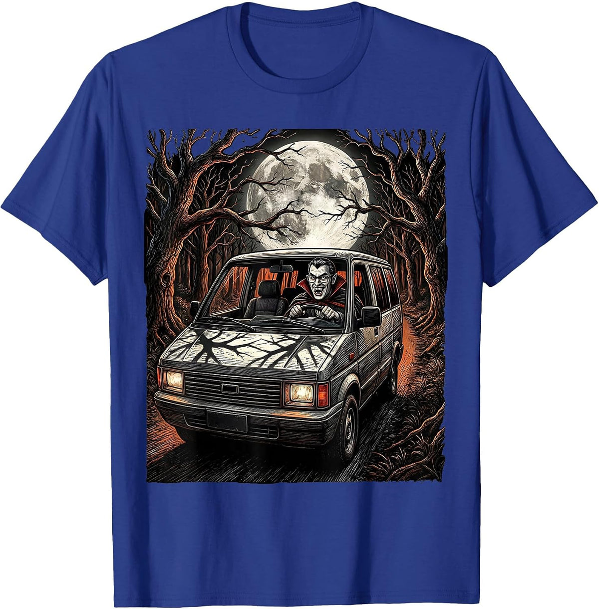 Men's Vampire Dad Haunted Minivan Halloween Design T-Shirt - Royal Blue