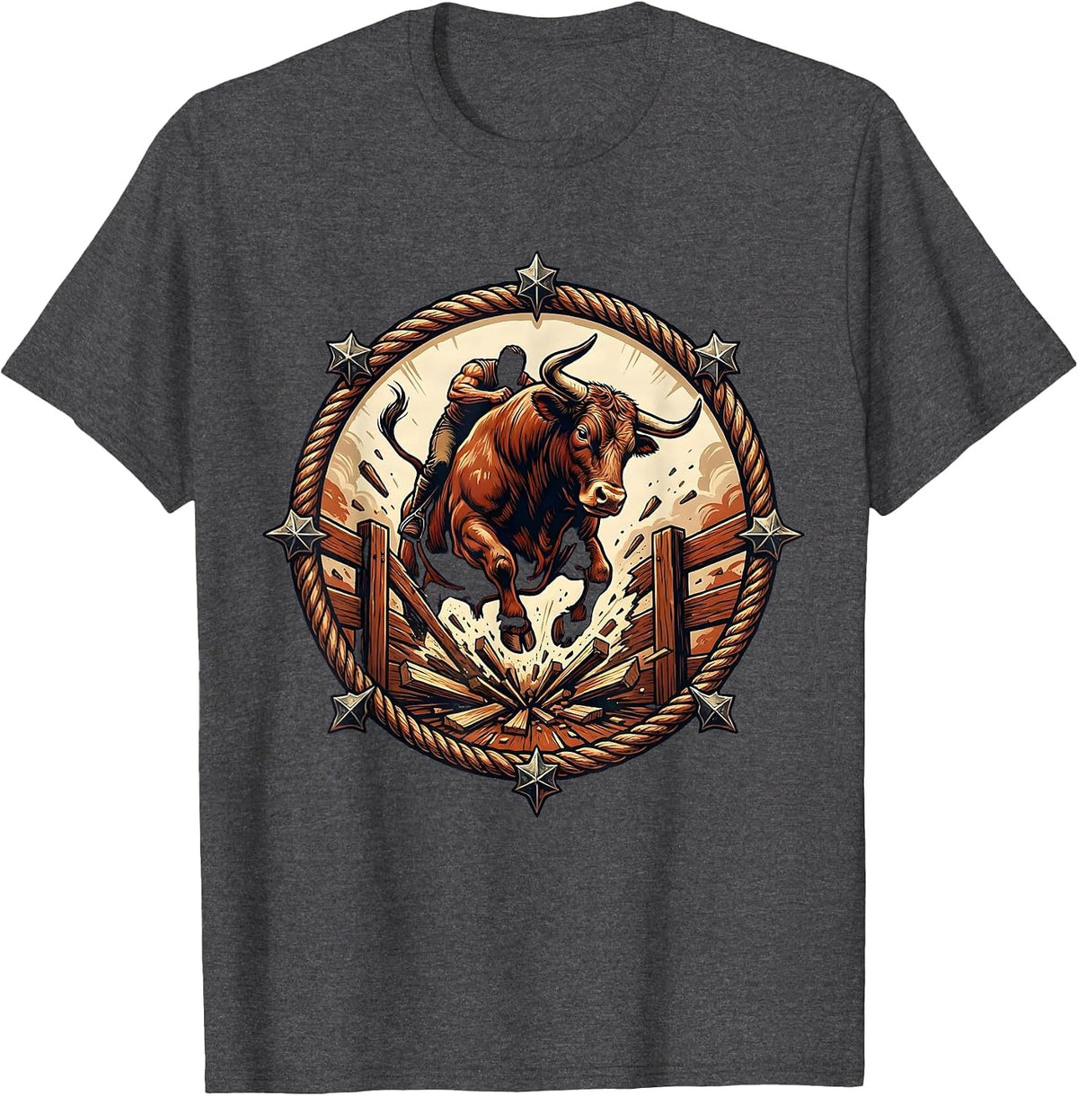 Men's Not My First Rodeo Bull Riding Gate Burst T-Shirt - Dark Heather Grey