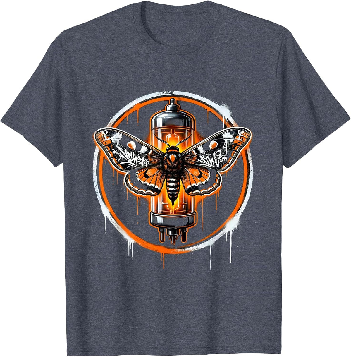 Moth and Glowing Vacuum Tube Amplifier Rock Art T-Shirt - Heather Blue