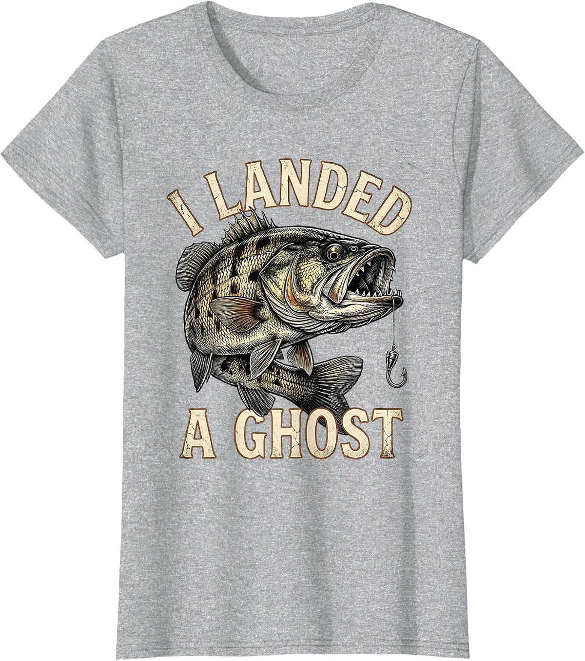 I Landed A Ghost Distressed Halloween Fishing Ghost Bass T-Shirt - Heather Grey