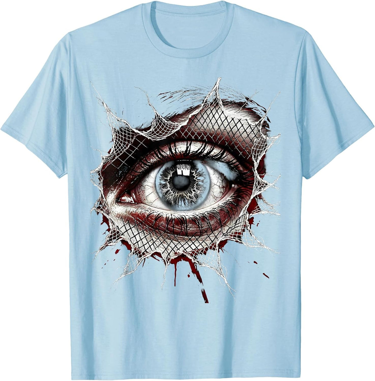 Men's Eye Peering Through Torn Fishnet Graphic T-Shirt - Baby Blue