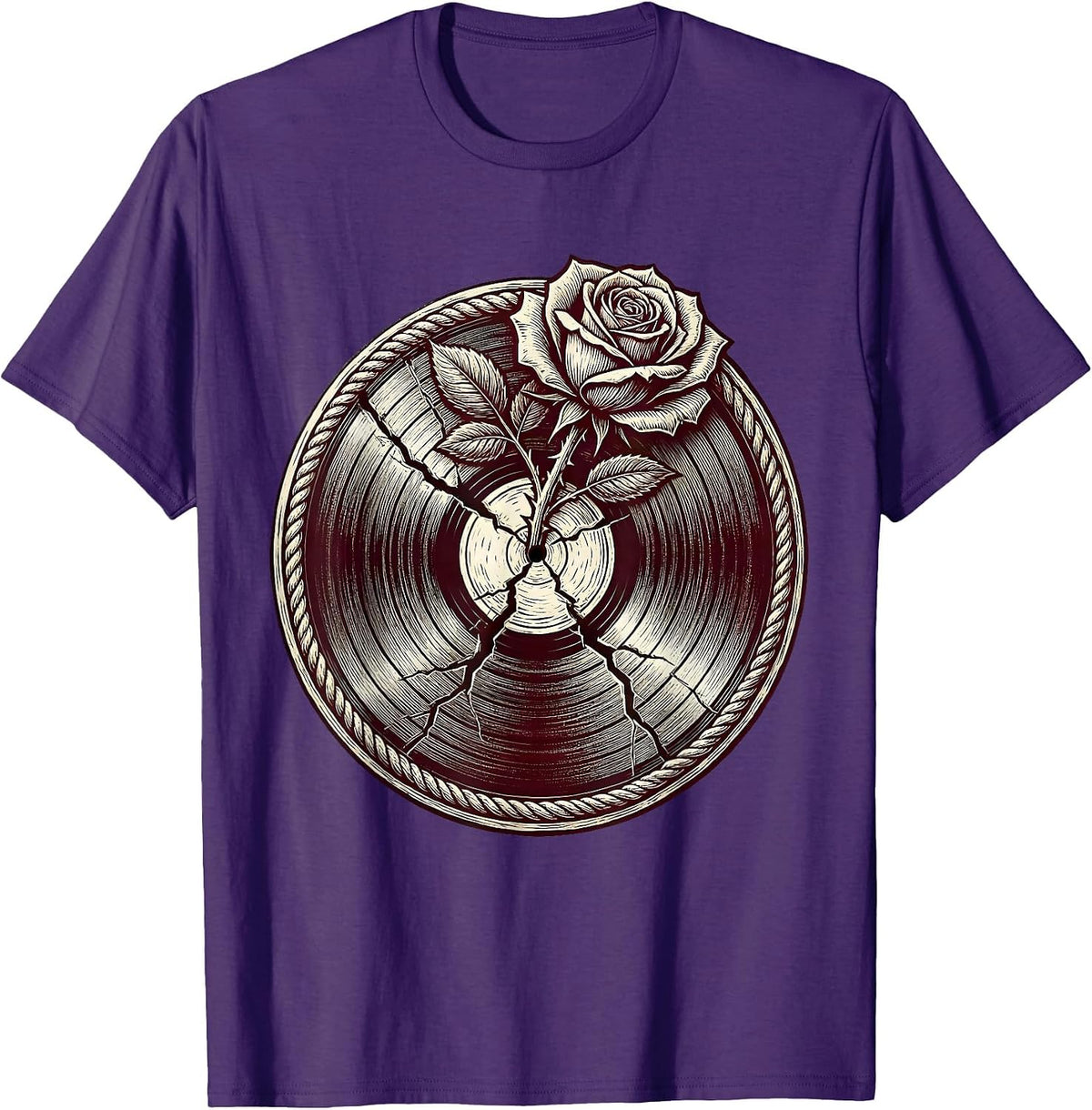 Rose Through Cracked Vinyl Record Rock Art T-Shirt - Purple