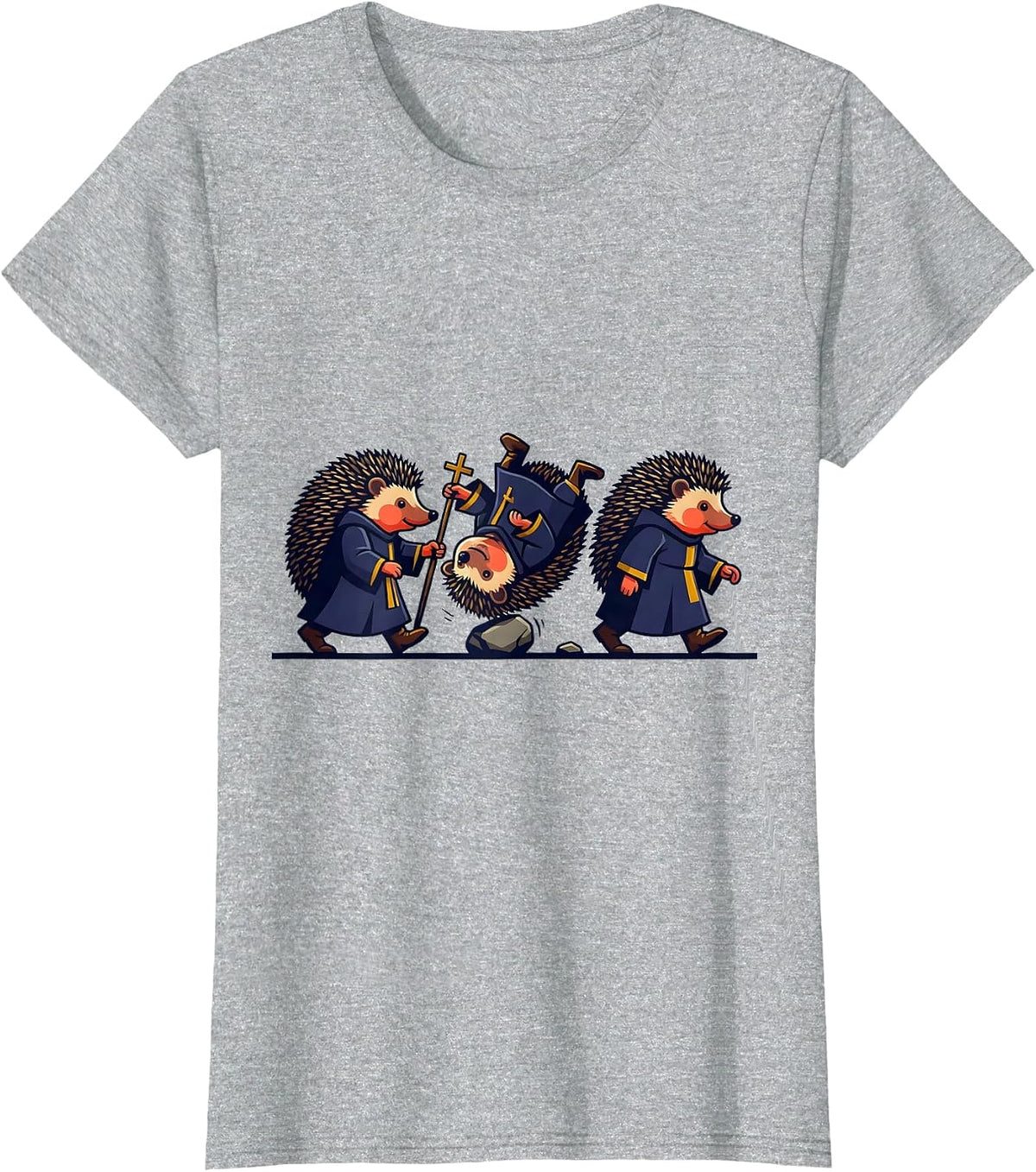 Hedgehog Pilgrims Tumbling Faith Mascot Logo T-Shirt - Heather Grey