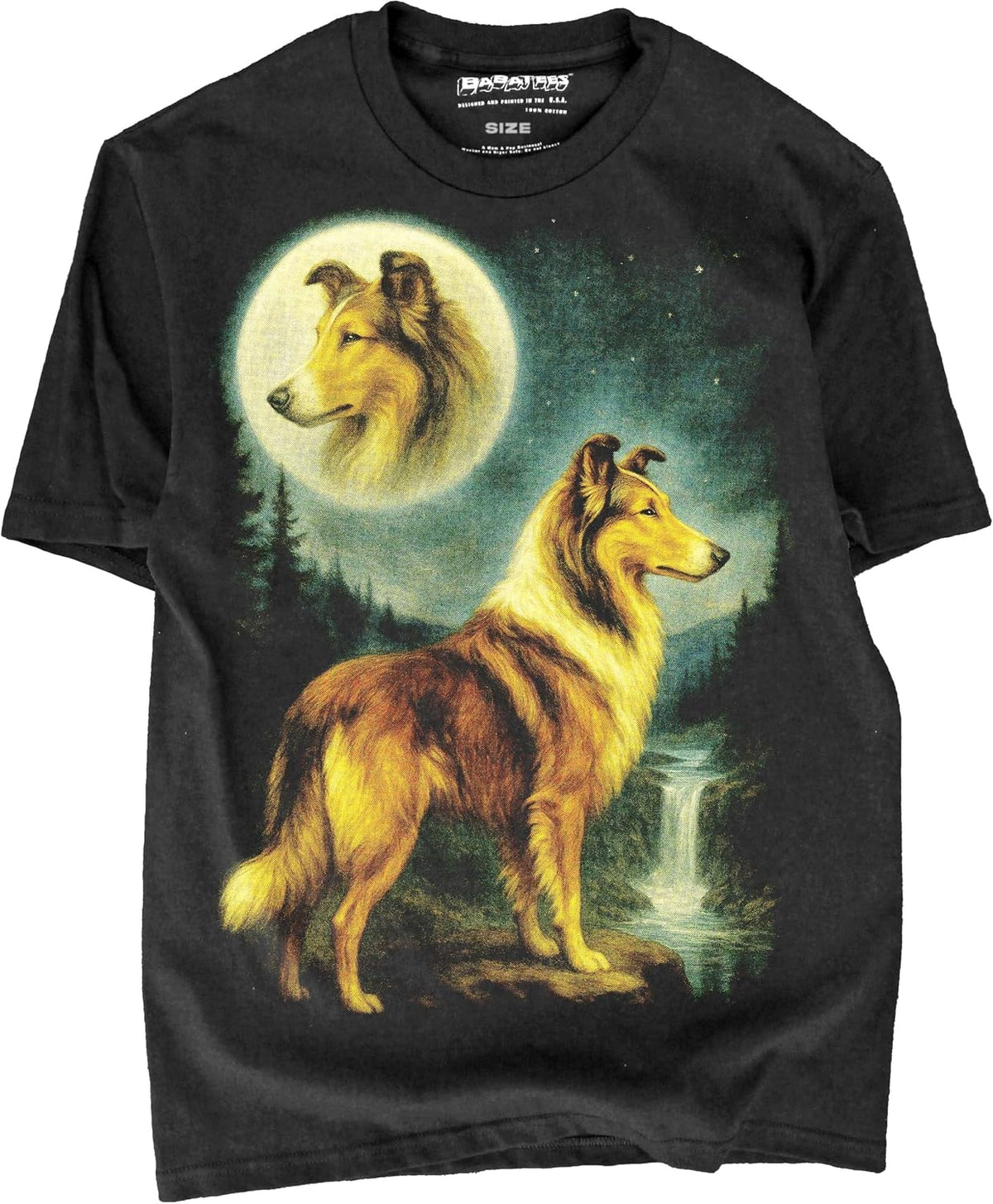 Rough Collie Dog Mom & Dog Dad Black Tshirt - Elegant Nature Moonlit Night Painting for Collies Pet Owner - Collie Moon