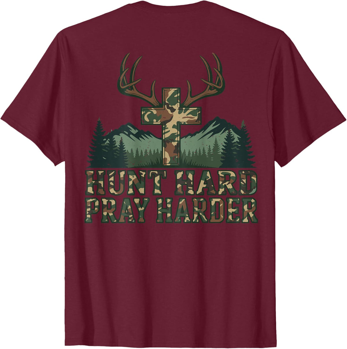 Youth Camo Christian Deer Hunting Cross Hunt Hard Pray Faith Tees T Shirts - Burgundy