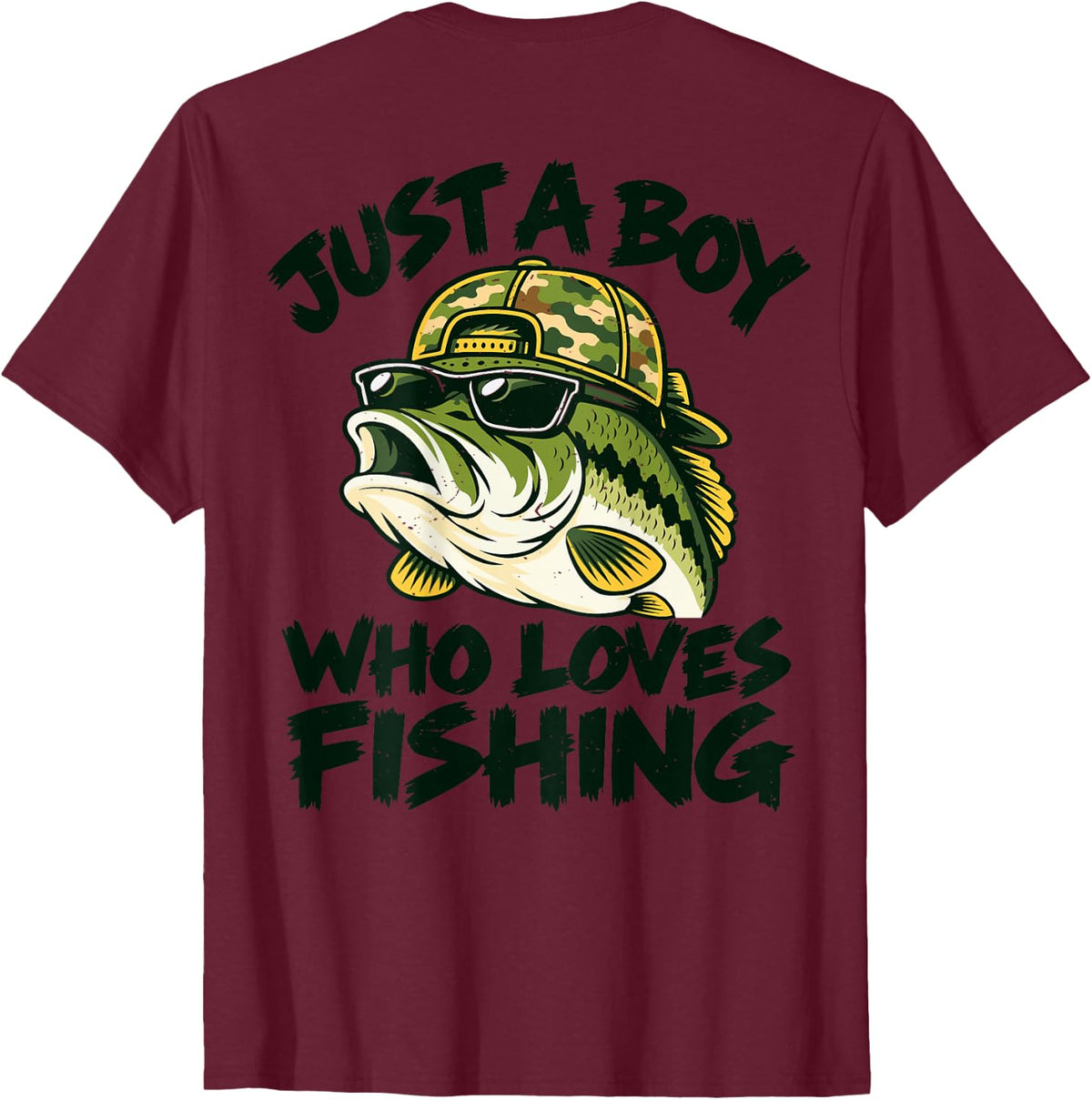 Youth Camo Bass Fishing Just Boy Who Loves Fishing Kid Funny T-Shirt - Burgundy