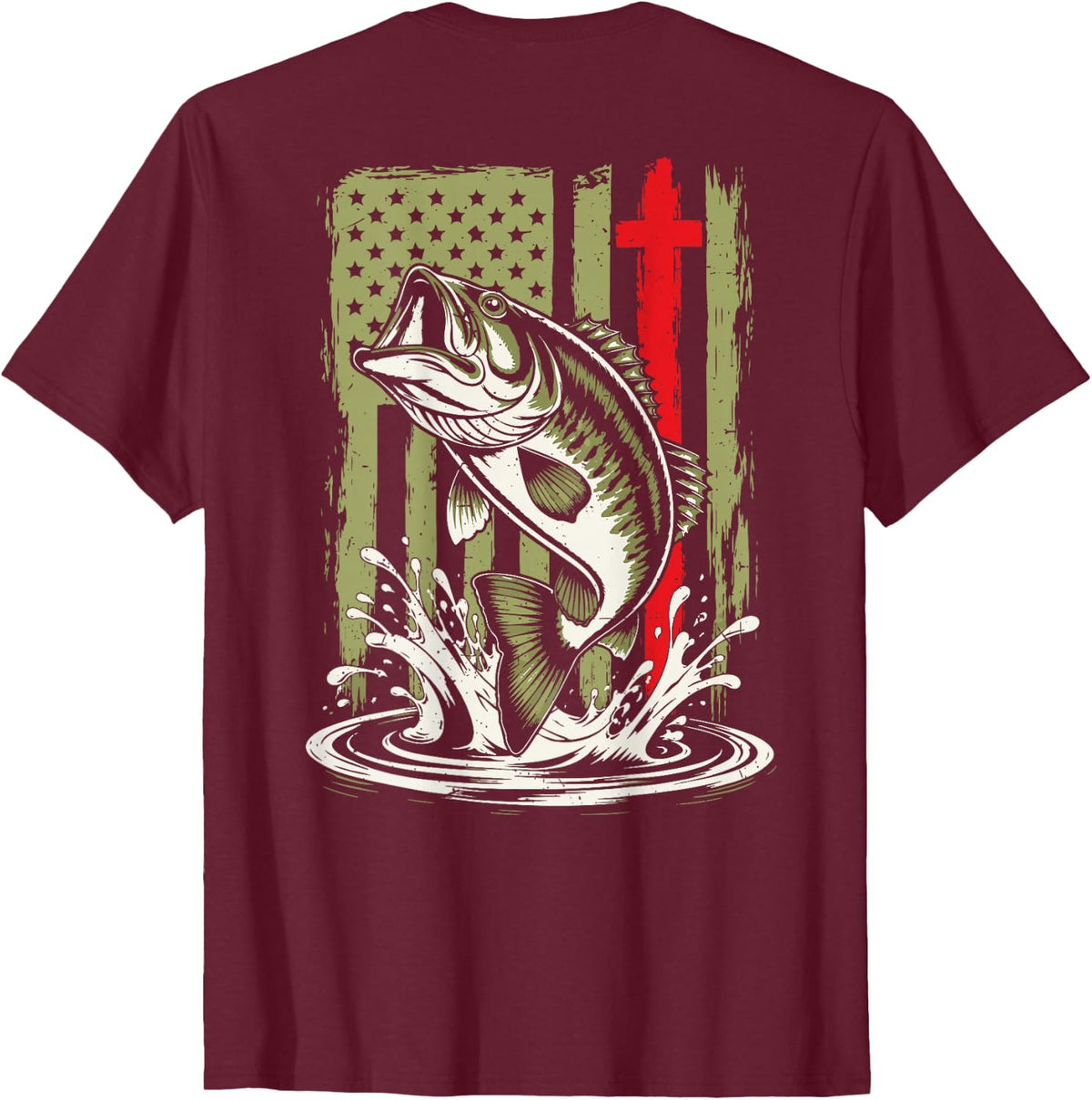 American Flag Camo Bass Fishing Cross Christian Fishing Mens T-Shirt - Burgundy