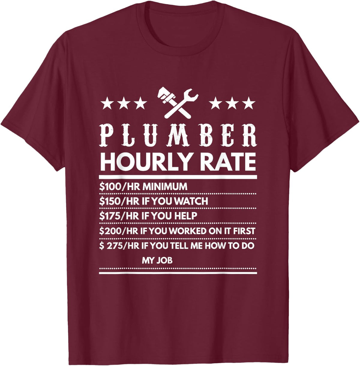 Plumber Funny Hourly Rate T-Shirt - Burgundy