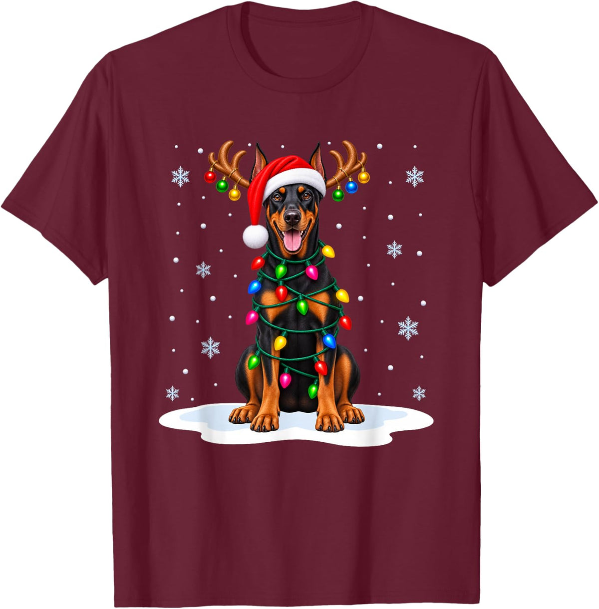 Doberman Pinscher Christmas Tree Lights Xmas Pet Dog Lover T-Shirt - Burgundy
