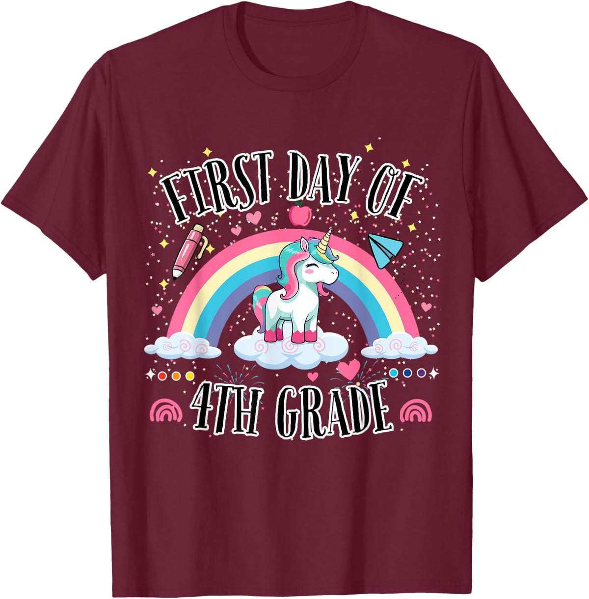 First Day of 4th Grade Unicorn Back to School Girls Kids T-Shirt - Burgundy
