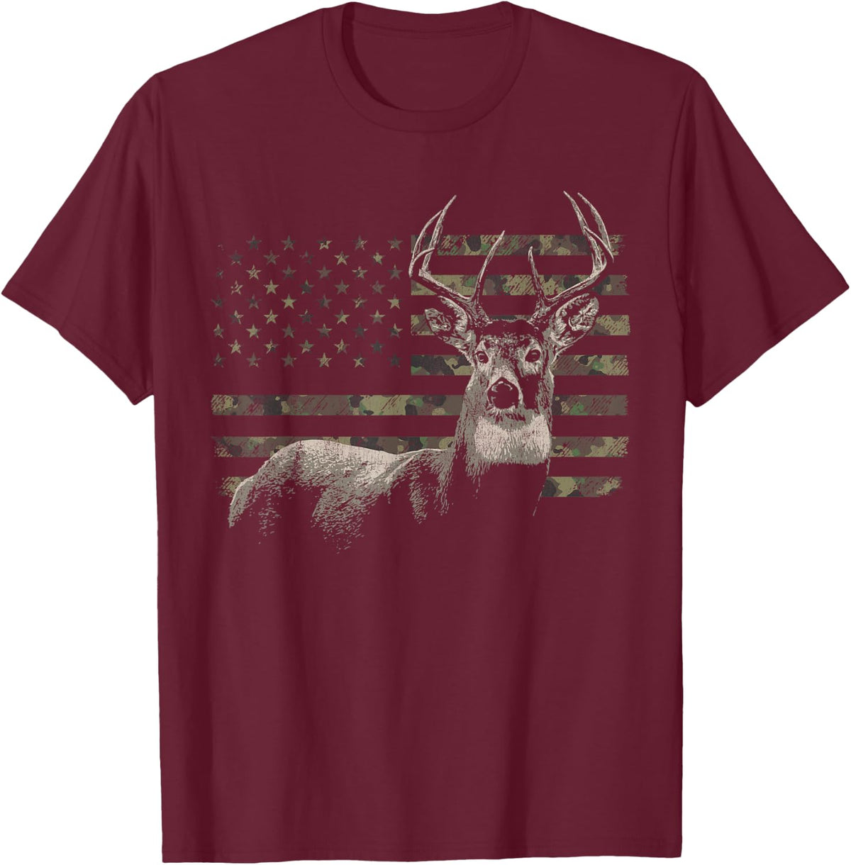 Deer Hunting Distressed Camo American Flag Hunter T-Shirt - Burgundy