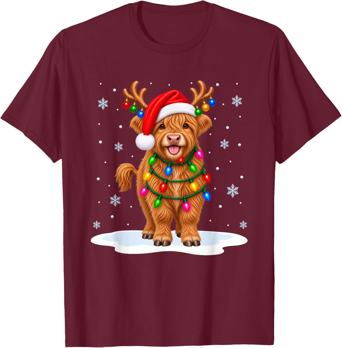 Highland Cow Christmas Tree Lights Xmas Animal Lover T-Shirt - Burgundy