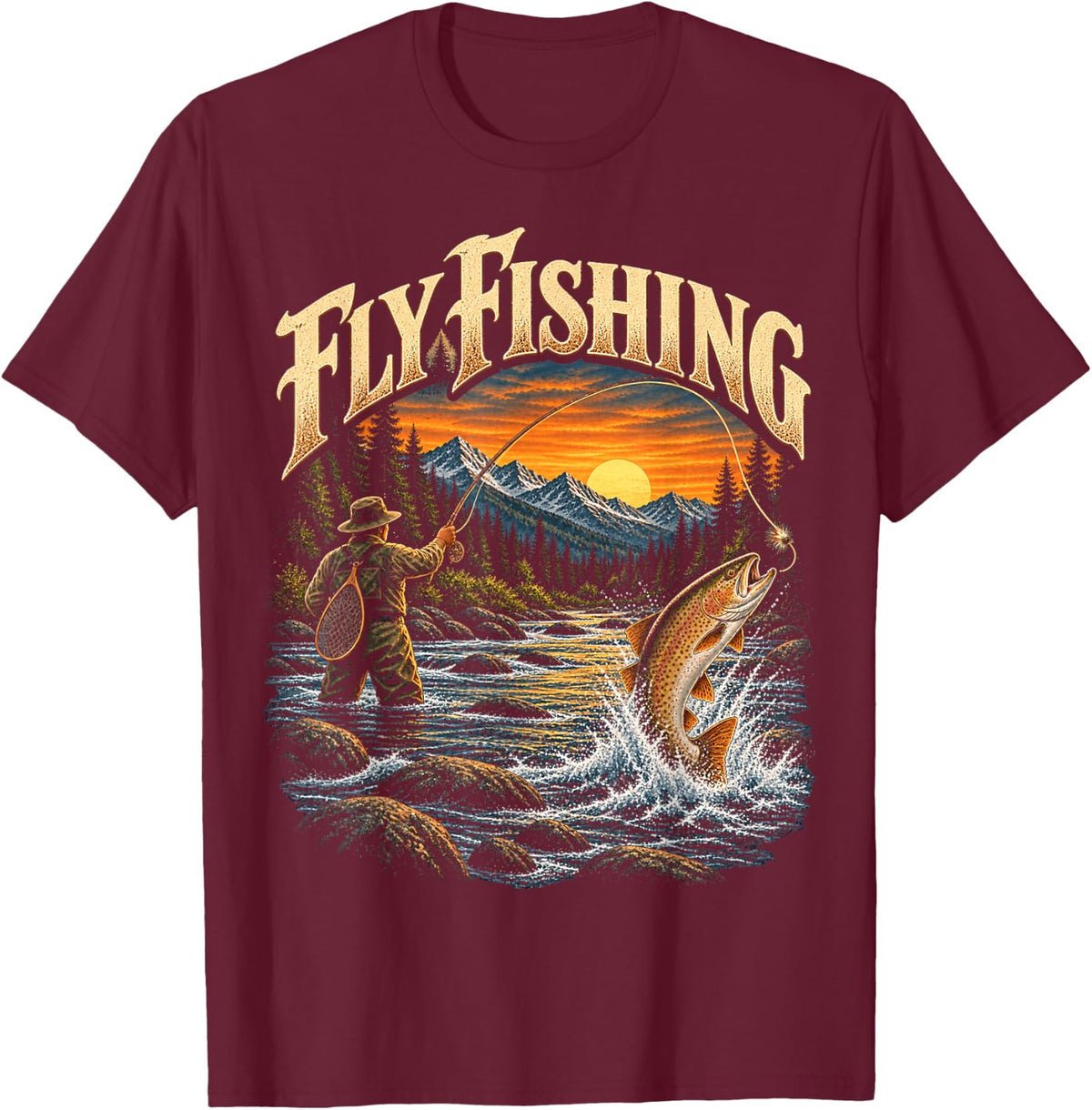 Vintage Fly Fishing Trout Fisherman Mountain River Art T-Shirt - Burgundy