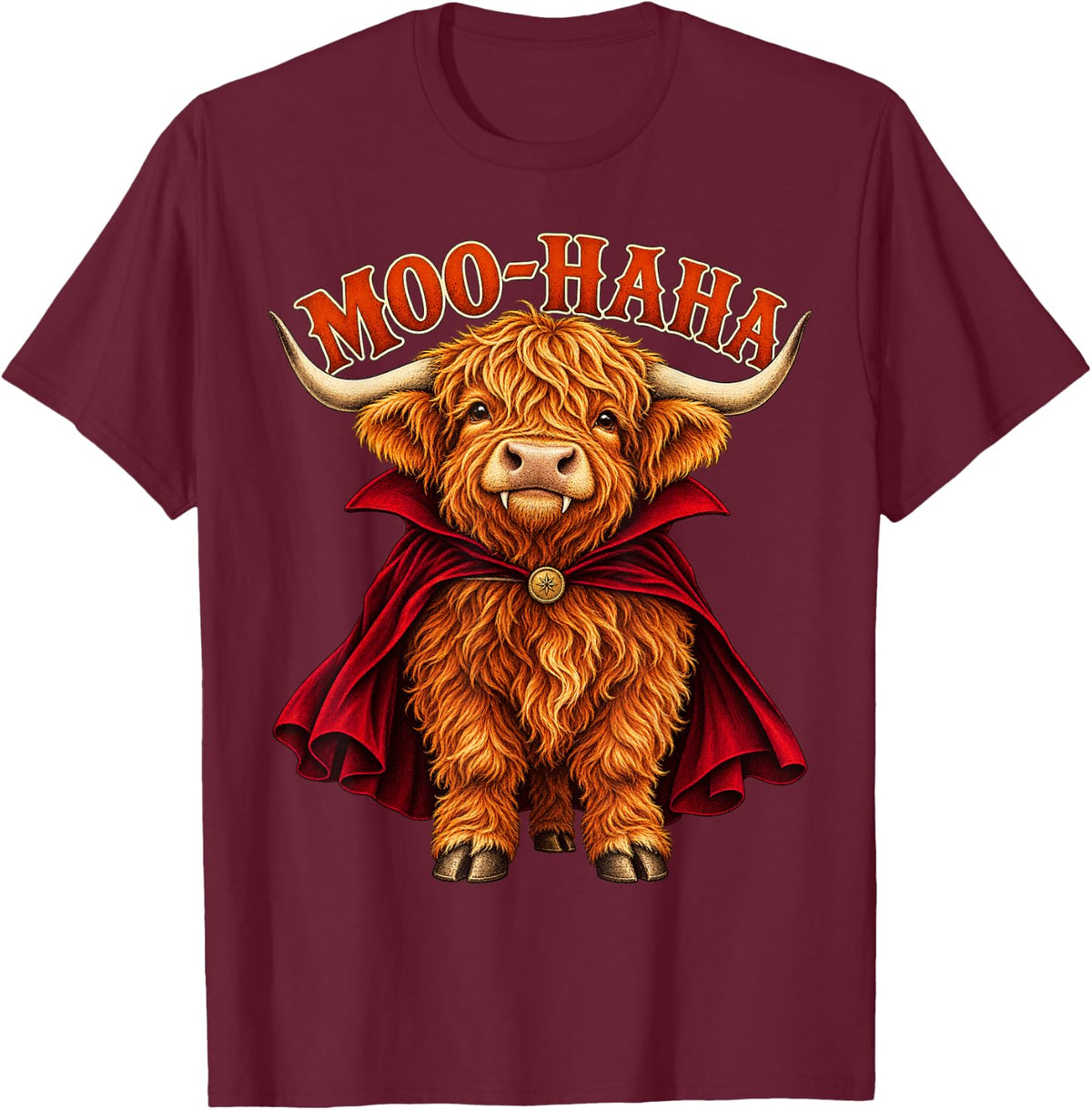 Highland Cow Vampire Cape Cute Halloween Calf - Moo-Haha T-Shirt - Burgundy