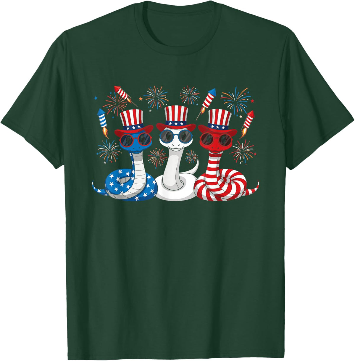 Funny Fireworks Snake American USA Flag 4th of July T-Shirt - Dark Green