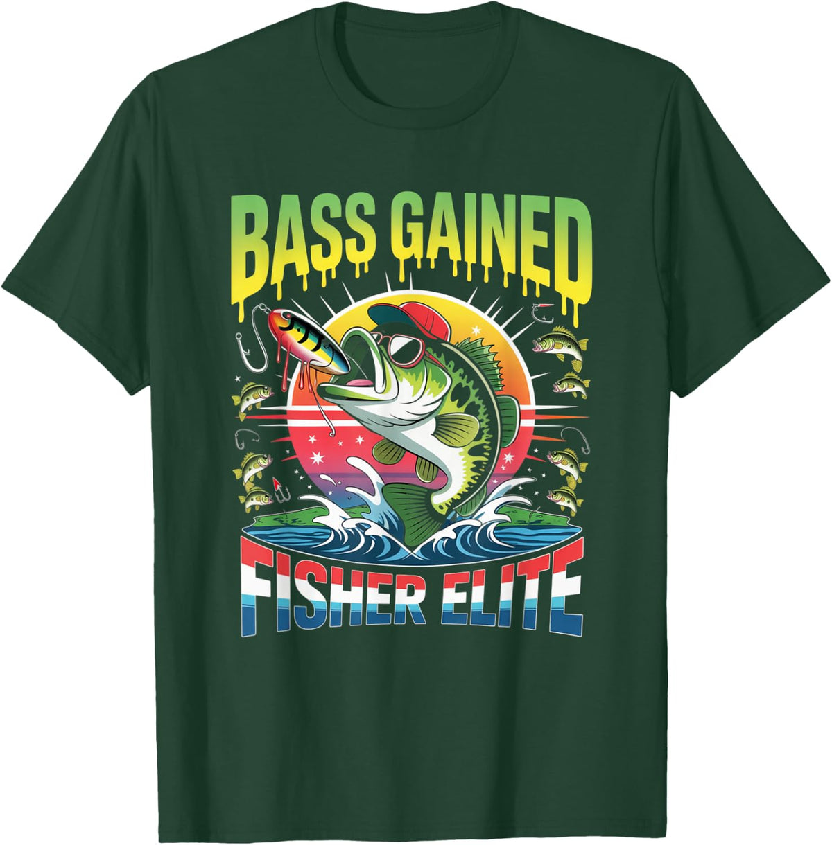 Bass Gained Fisher Elite Bass Fishing Angling Sport Shirt T-Shirt - Dark Green