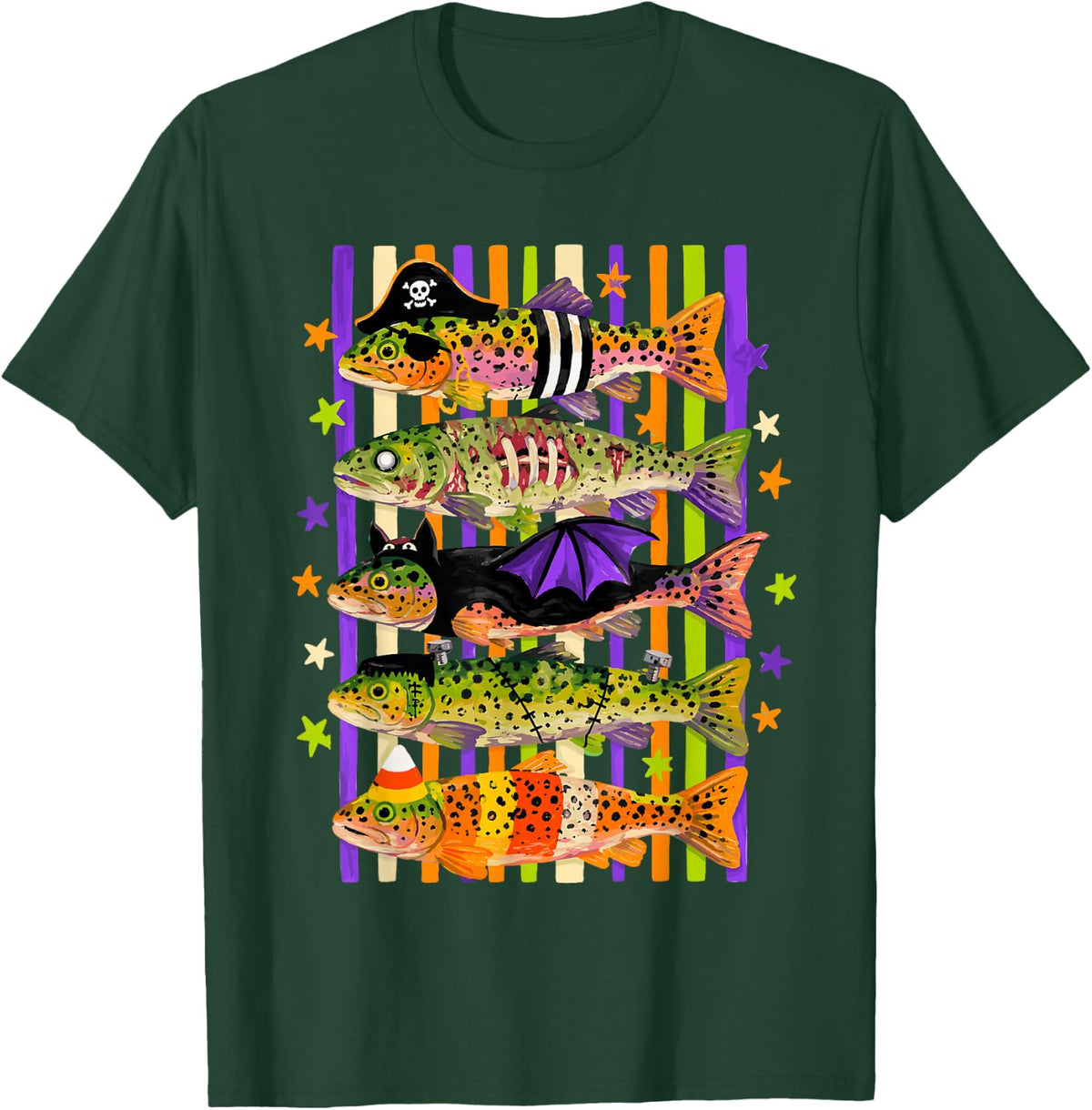 Halloween Trout Fish Ghost Pumpkin Skeleton Spooky Fishing T-Shirt - Dark Green
