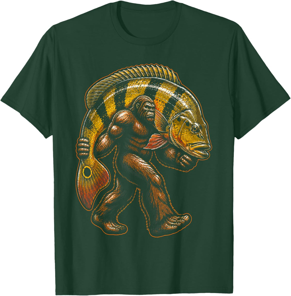 Bigfoot Carrying Peacock Bass Sasquatch Fishing Believe T-Shirt - Dark Green