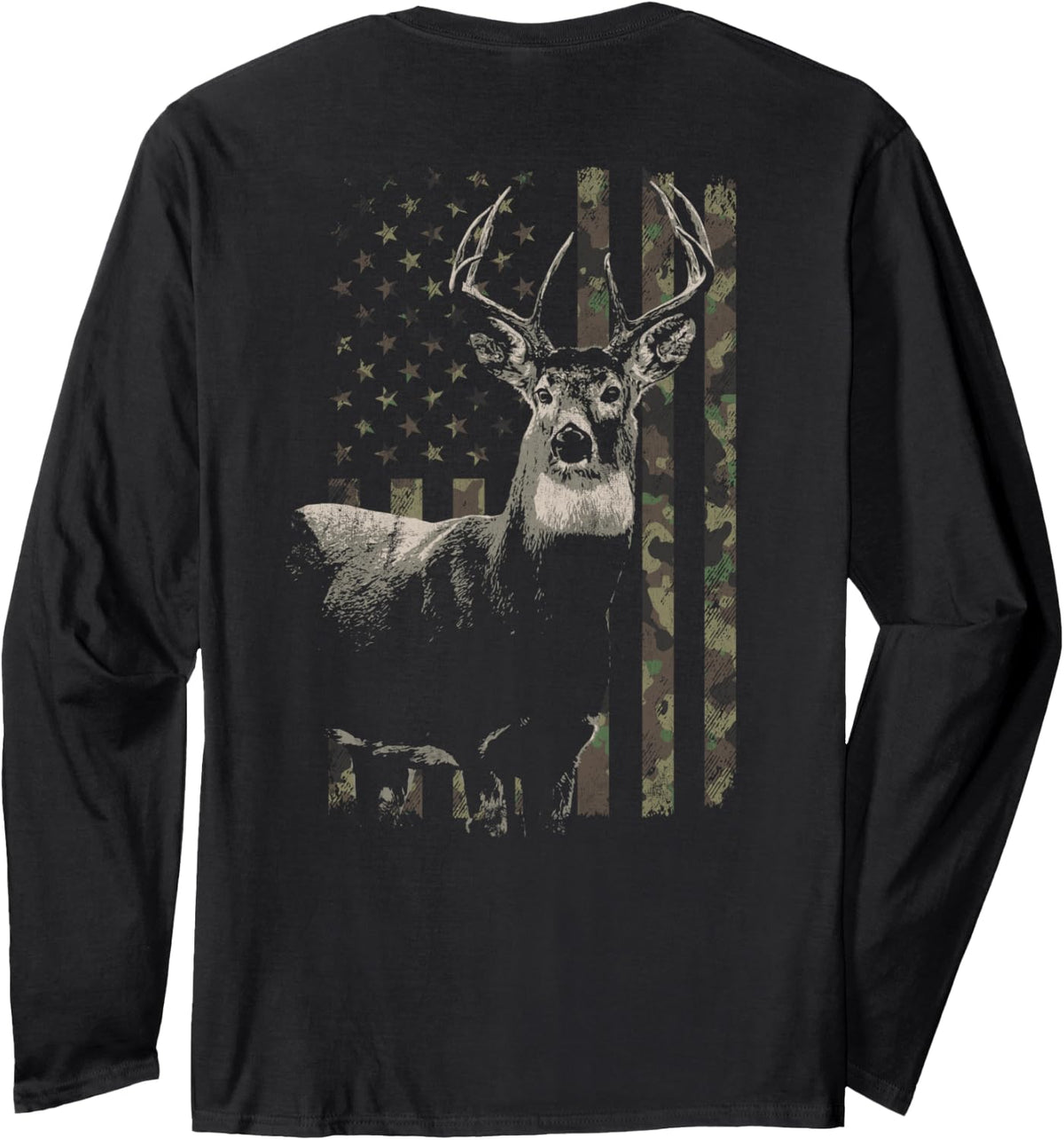 Hunting Camo American Flag Deer Camouflage (Design on Back) Long Sleeve T-Shirt - Adult Unisex Black