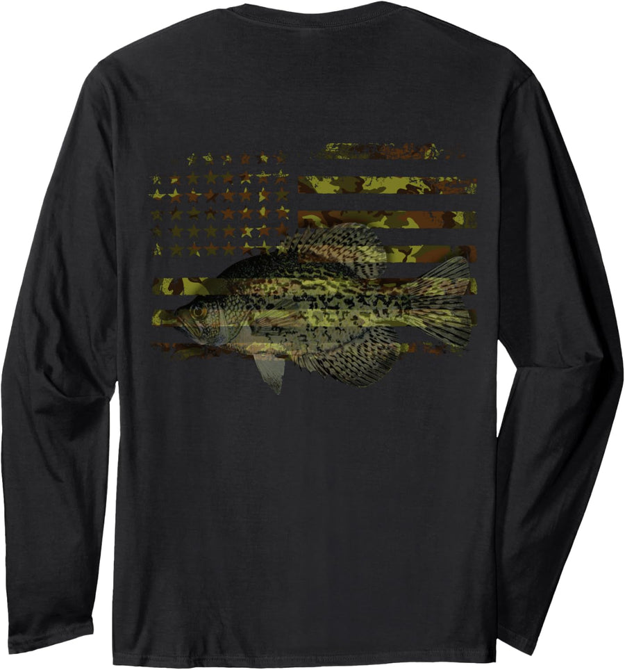 Crappie Fishing Camo Flag (on Back) Long Sleeve T-Shirt - Adult Unisex Black
