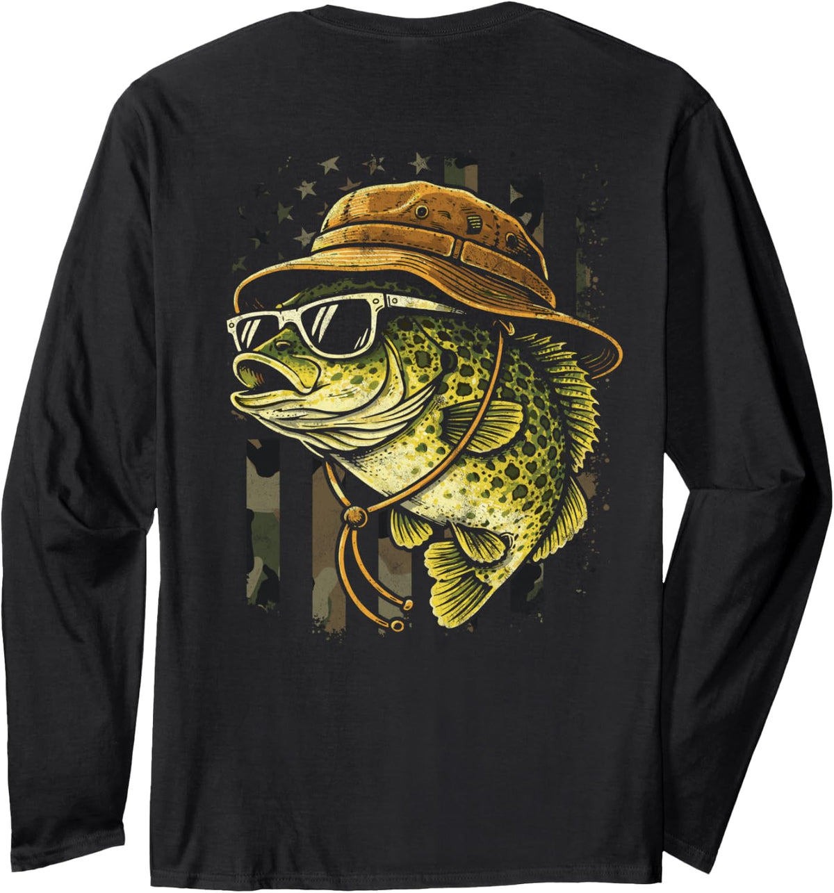Crappie Fishing Camo American Flag (Art on Back) Long Sleeve T-Shirt - Adult Unisex Black