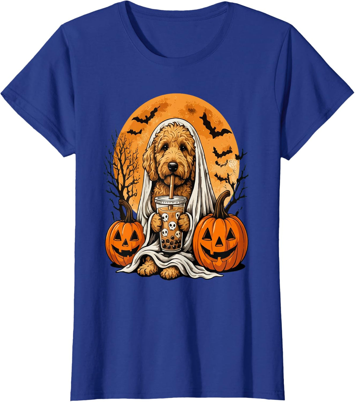 Goldendoodle Ghost and Boba Cute Halloween Dog T-Shirt - Royal Blue