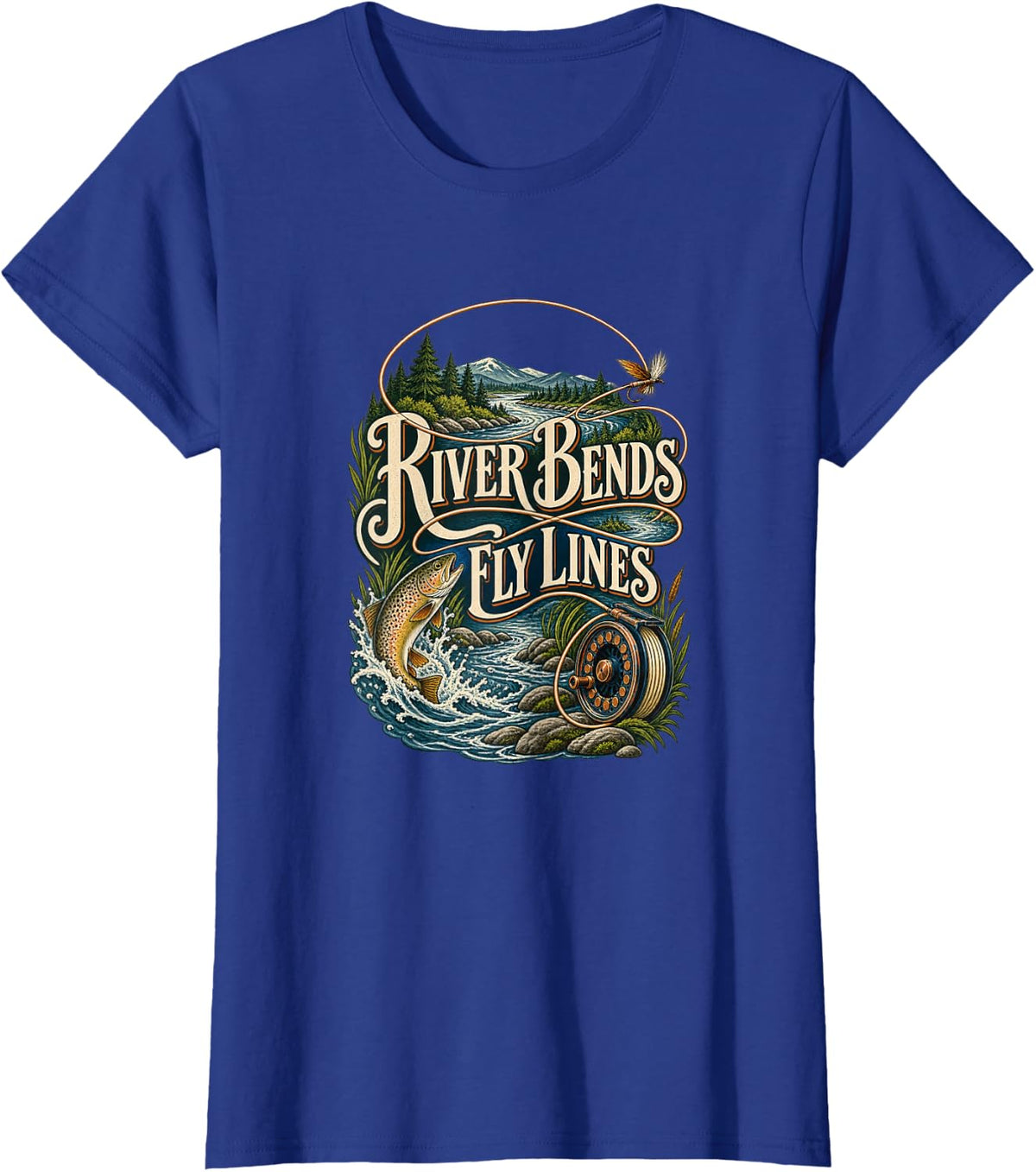 Fly Fishing Trout River Angler T-Shirt - Royal Blue