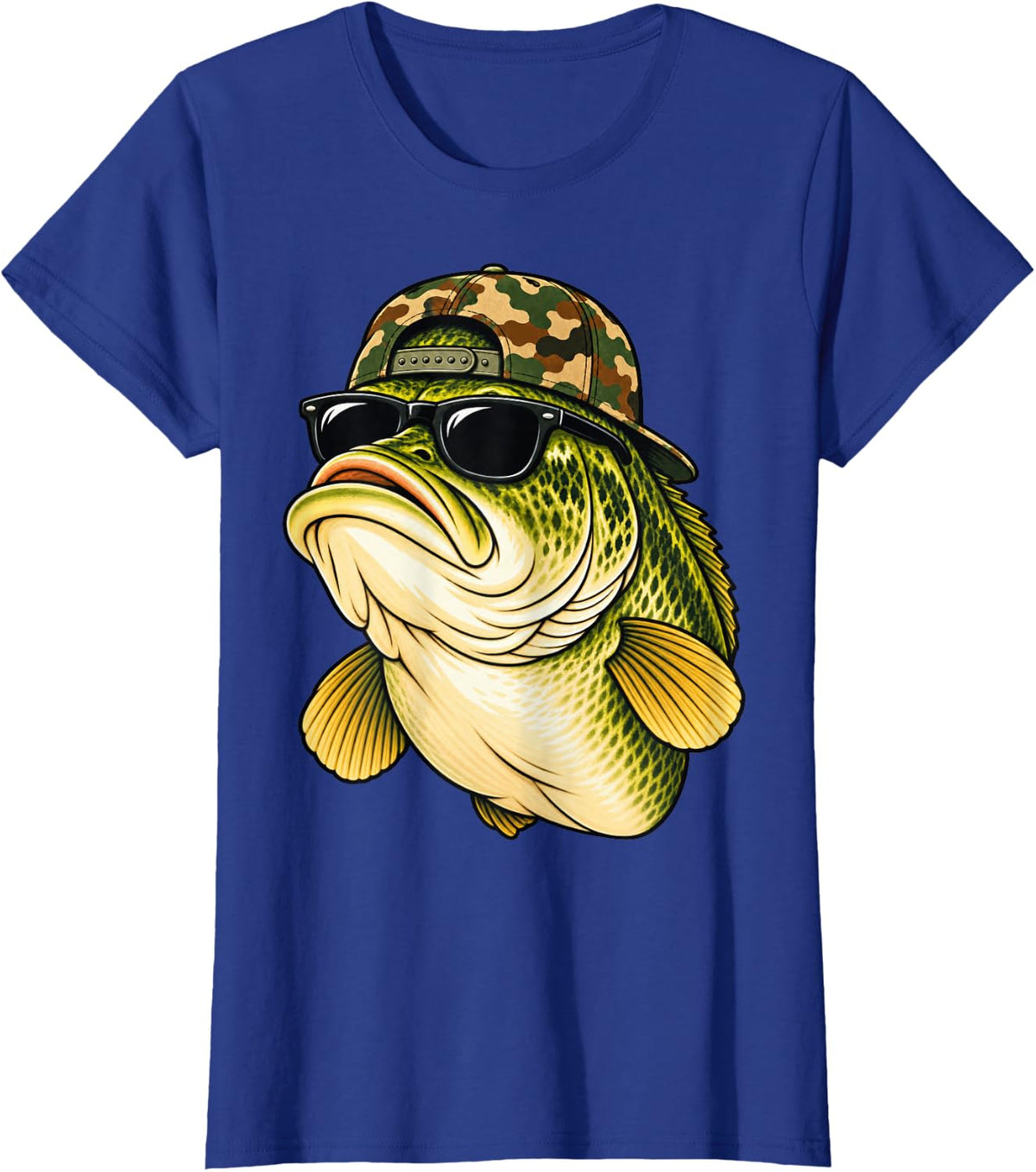 Camouflage Bass Fisher Classic Lake Portrait Artwork Edition T-Shirt - Royal Blue
