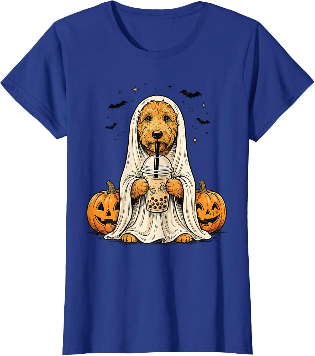 Goldendoodle Ghost and Boba Cute Funny Halloween Dog Humor T-Shirt - Royal Blue