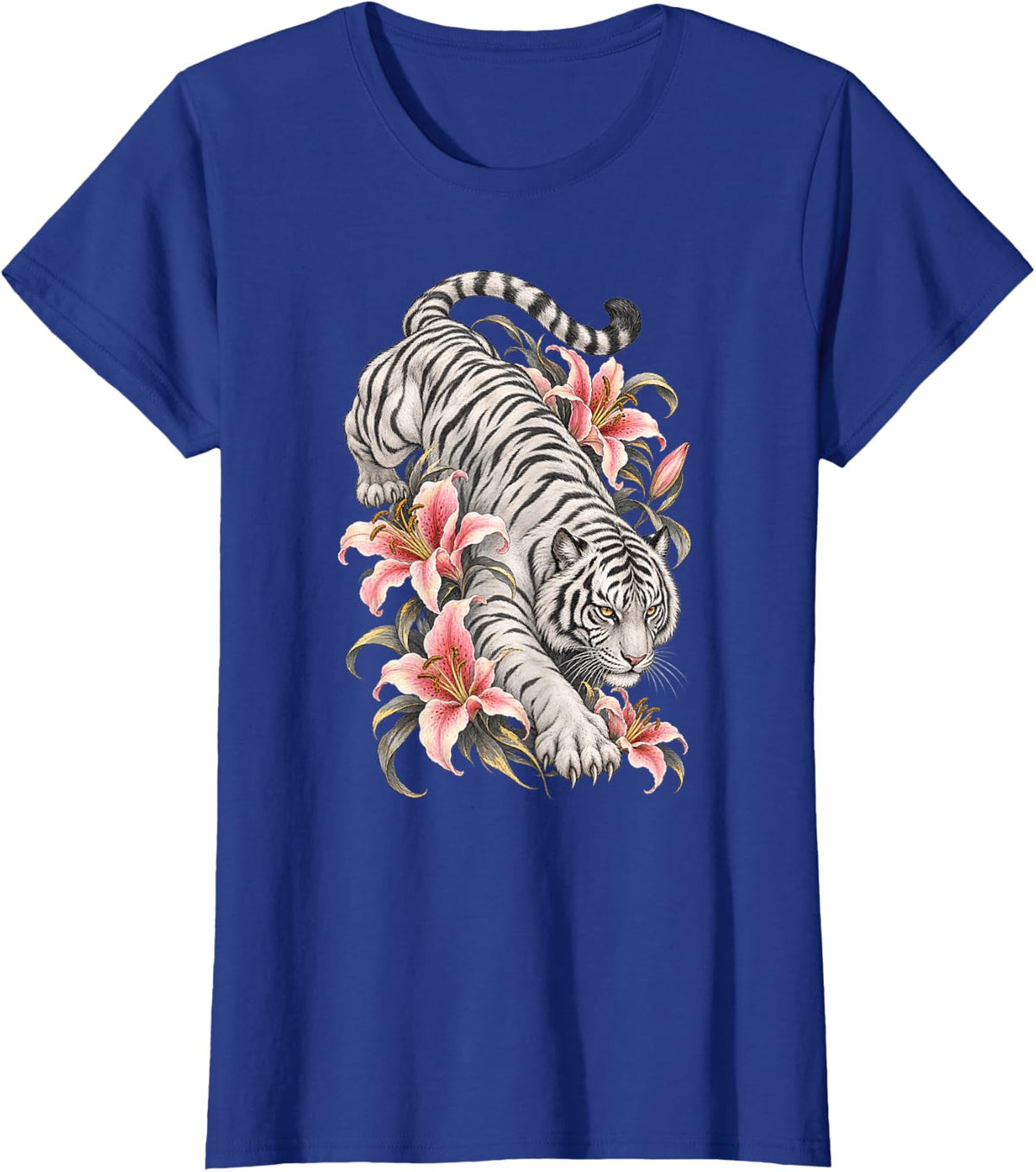 White Bengal Tiger with Pink Lilies Botanical Art T-Shirt - Royal Blue