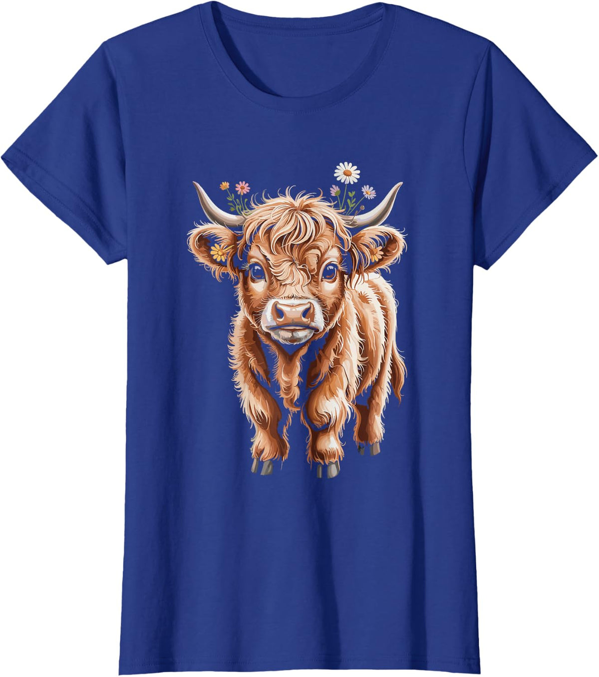 Highland Cow with Flower Crown Cute Boho Tee T-Shirt - Royal Blue