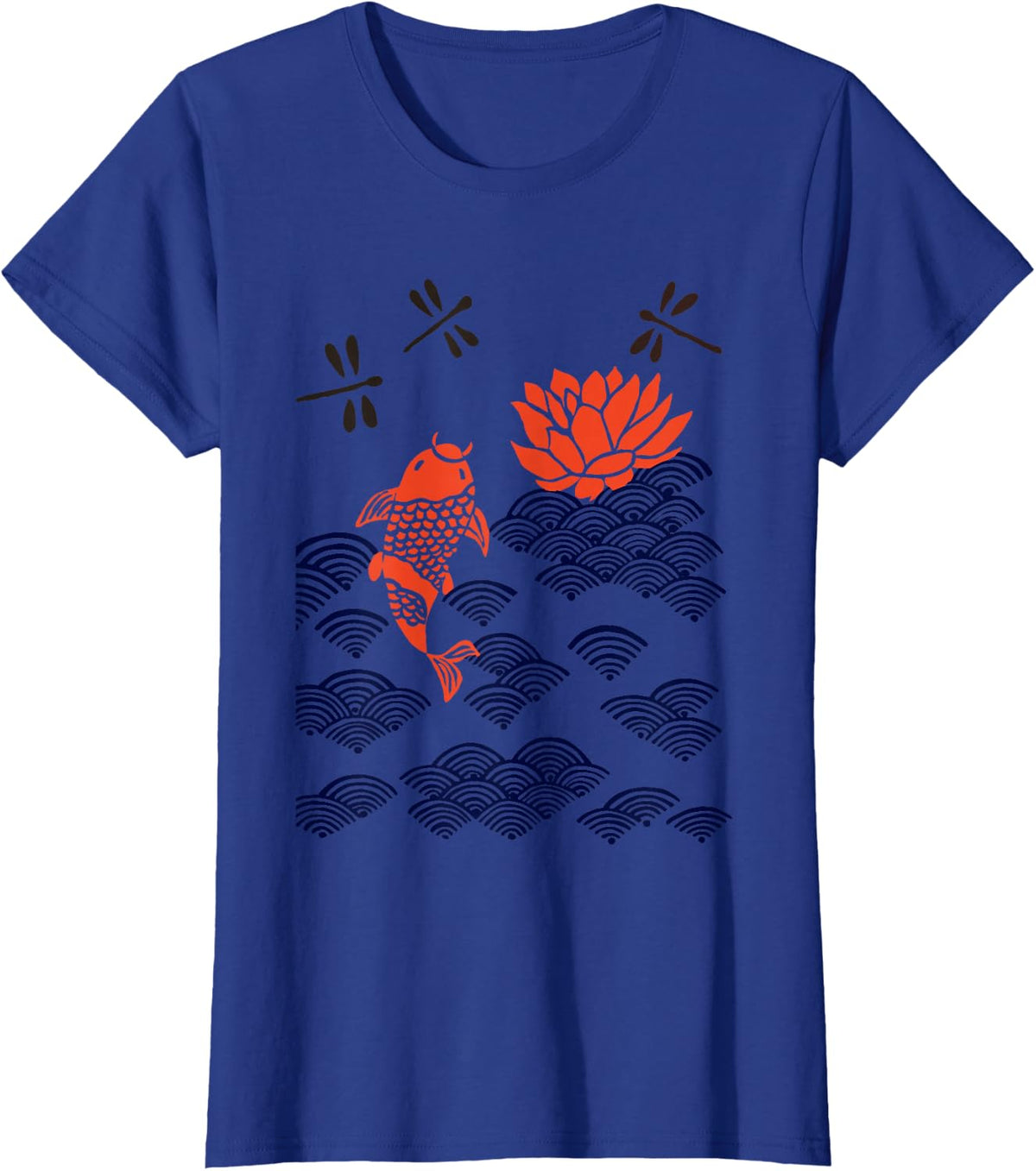 Japanese Style Koi Fish Dragonfly Wave Art Print Tee T-Shirt - Royal Blue