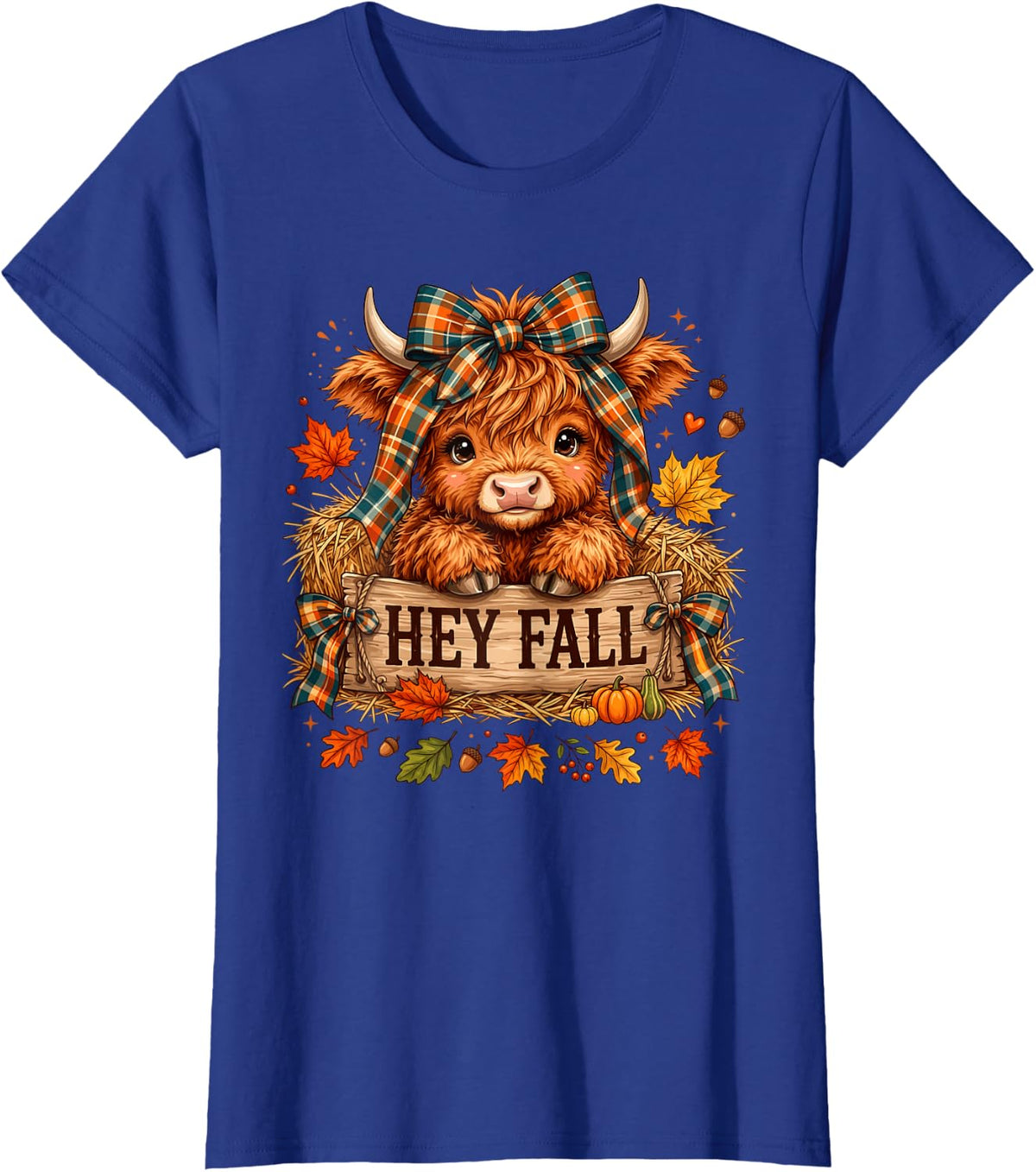 Hey Fall Highland Cow Floral Autumn Pumpkin Farmhouse T-Shirt - Royal Blue
