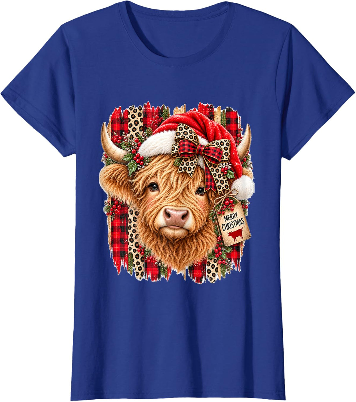 Merry Christmas Highland Cow Rustic Holiday T-Shirt - Royal Blue