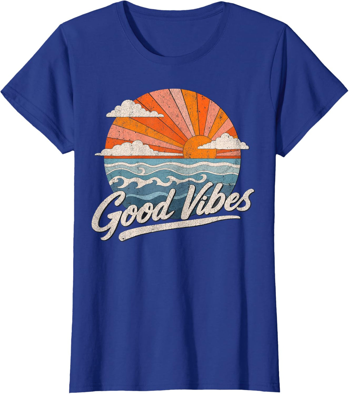 Vintage Sunset Good Vibes Waves Design T-Shirt - Royal Blue