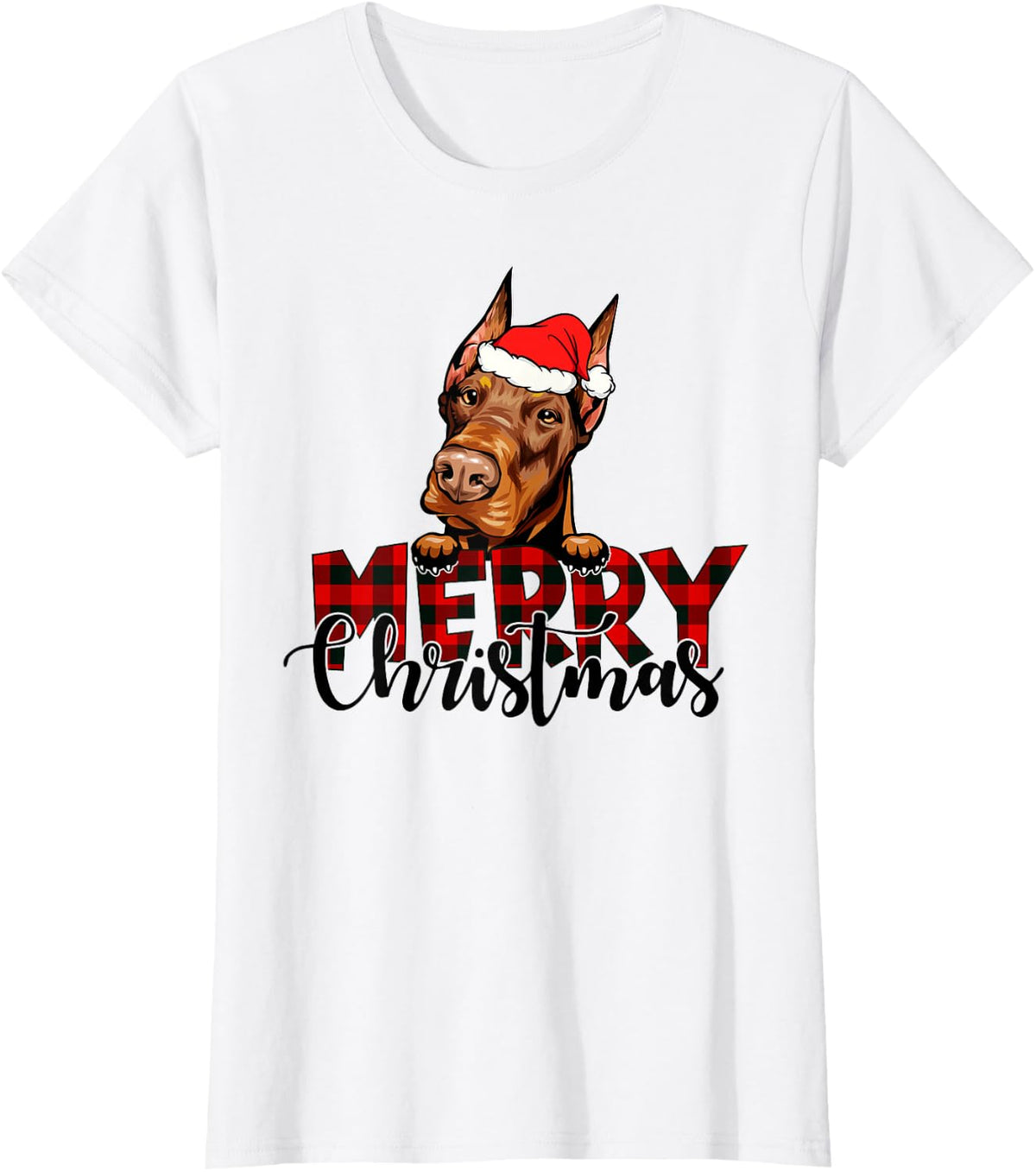 Merry Christmas Doberman Dog Christmas Red Plaid Santa Hat T-Shirt - White