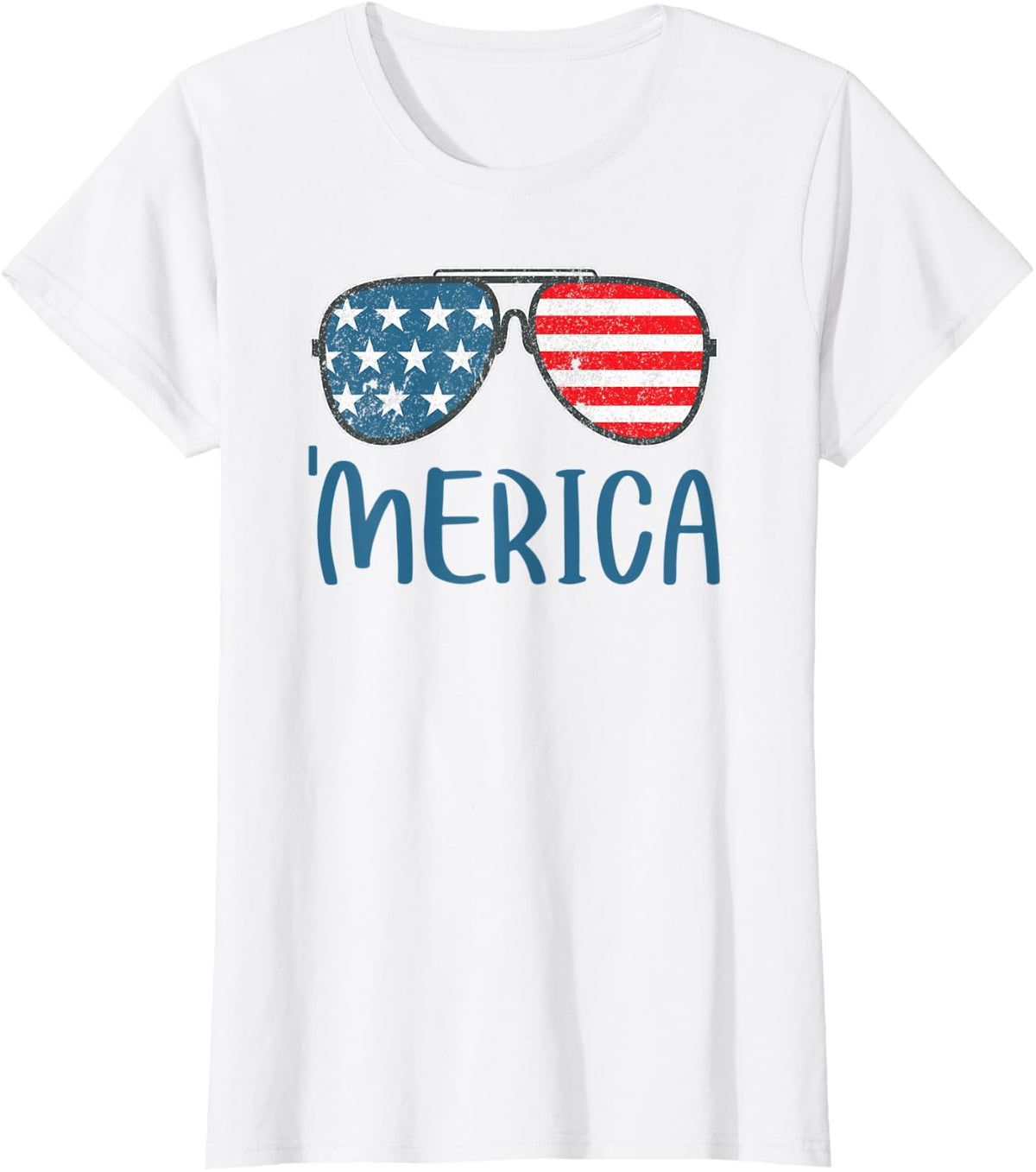 'Merica American Flag Aviators Sunglasses USA Patriotic T-Shirt for Women - White
