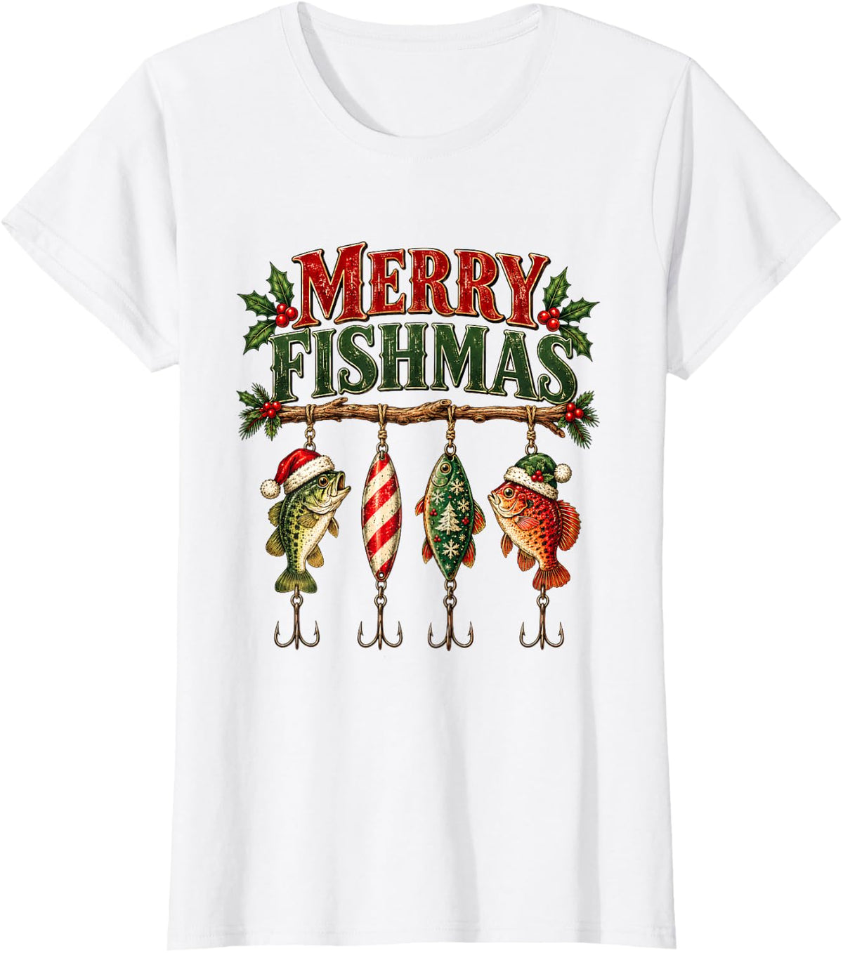 Merry Fishmas Christmas Fishing Lures Funny Bass Angler Art T-Shirt - White