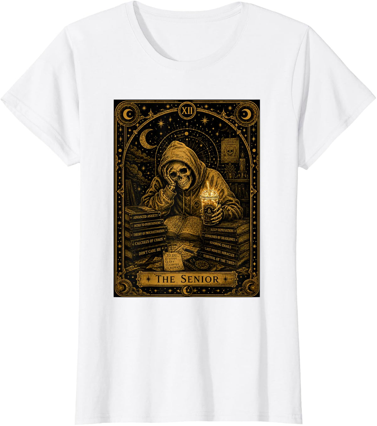 The Senior Funny Tarot Card Gothic Skeleton Coffee School T-Shirt - White