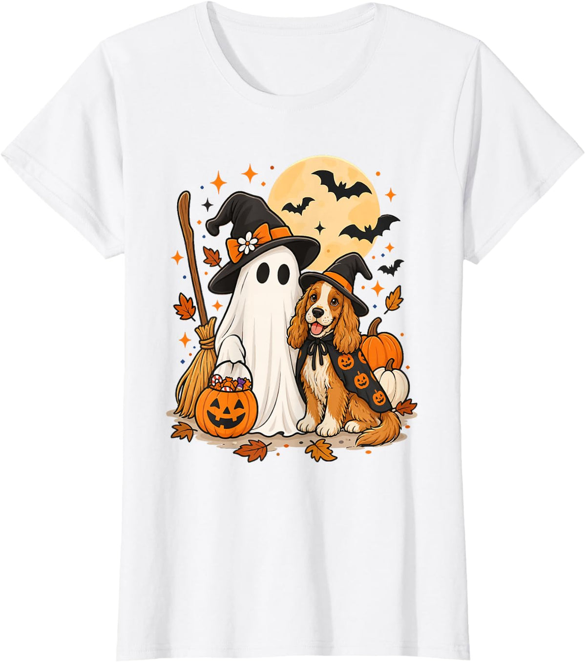 English Cocker Spaniel Ghost Witch Hat Halloween T-Shirt - White