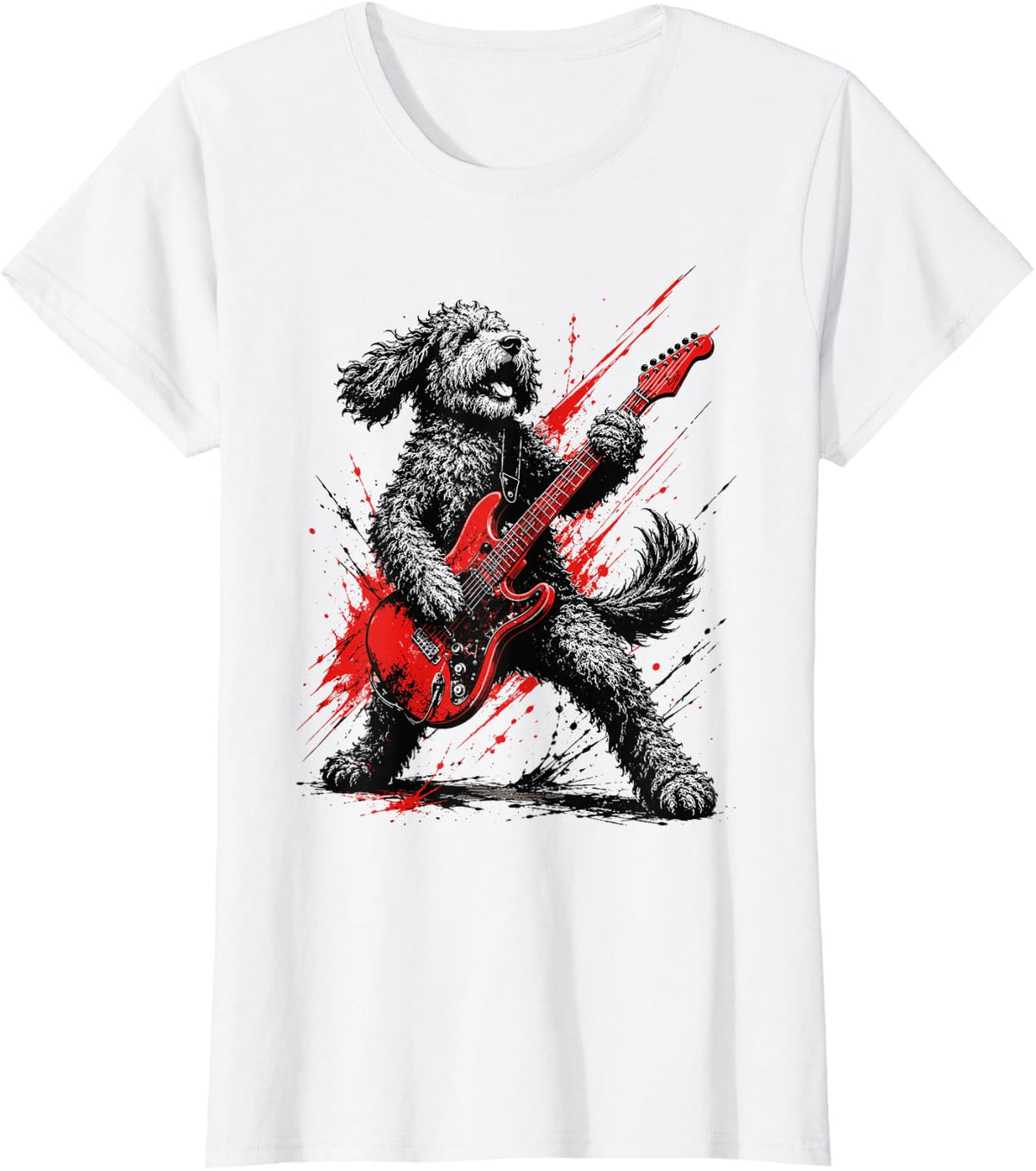 Vintage Goldendoodle Rock Playing Guitar Funny Dog Music T-Shirt - White