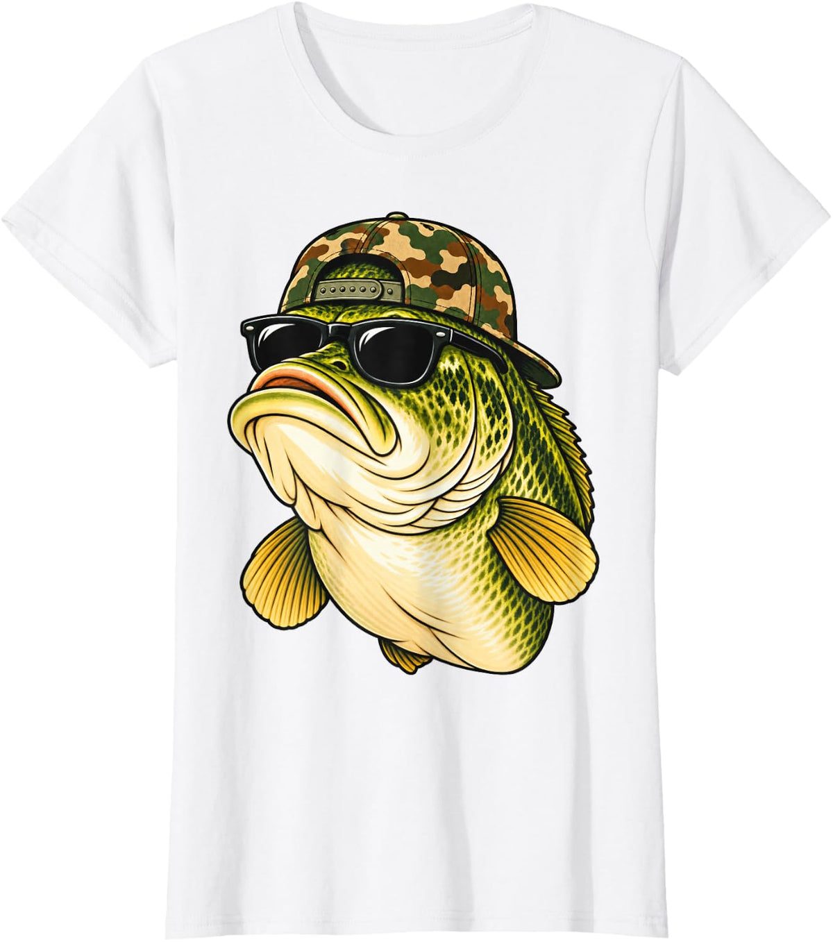 Camouflage Bass Fisher Classic Lake Portrait Artwork Edition T-Shirt - White