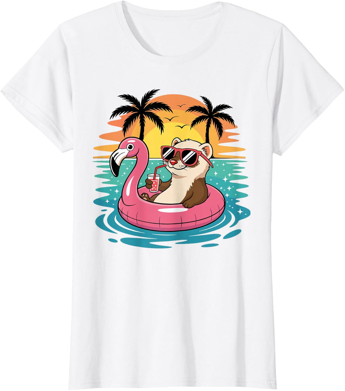 Funny Ferret Hawaiian Beach T-Shirt Flamingo Float Summer Tee for Men Women - White