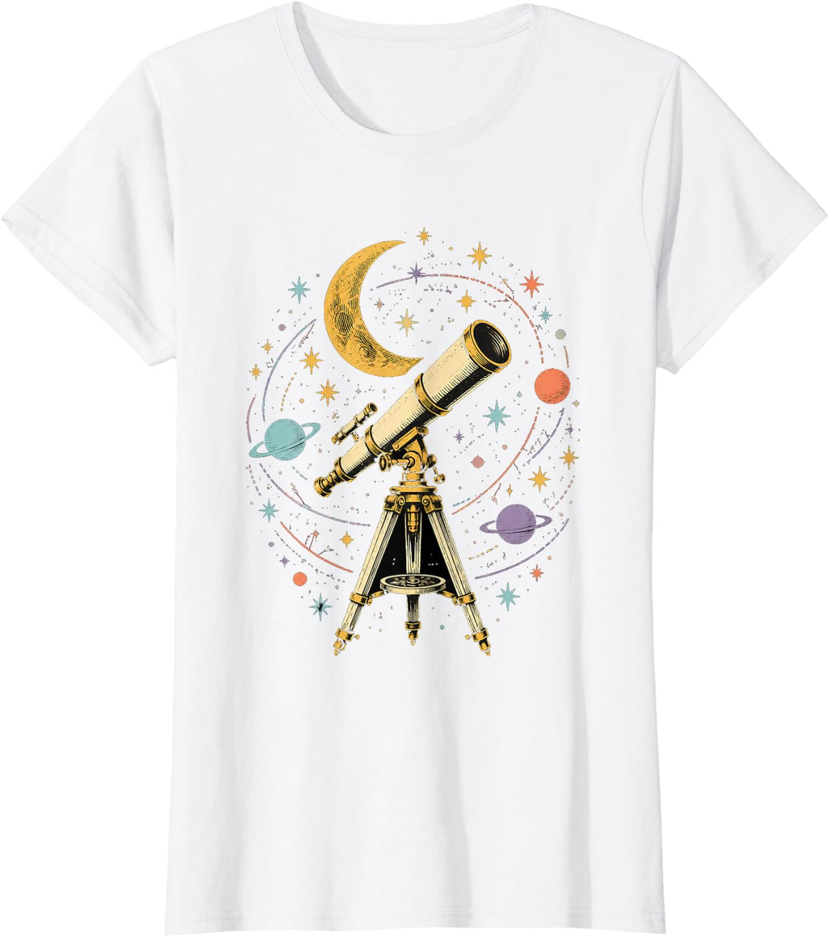 Vintage Telescope Crescent Moon Astronomy Art T-Shirt - White
