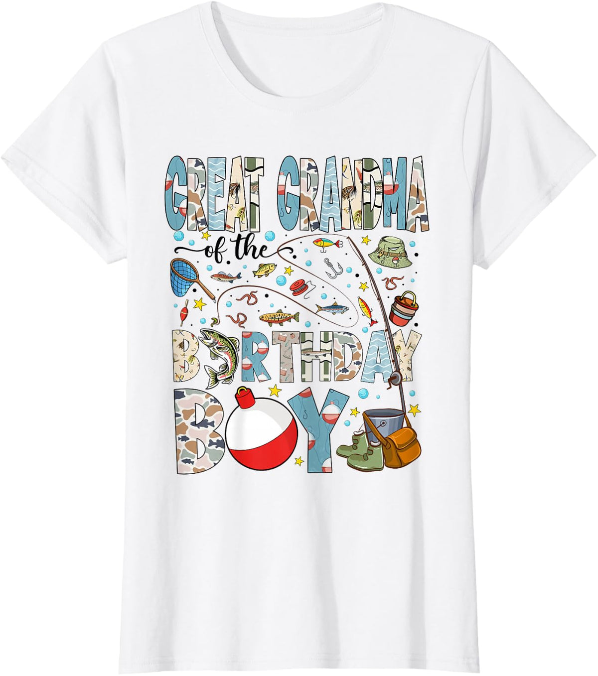 Great Grandma of The Birthday Boy Bass Fishing Family T-Shirt - White