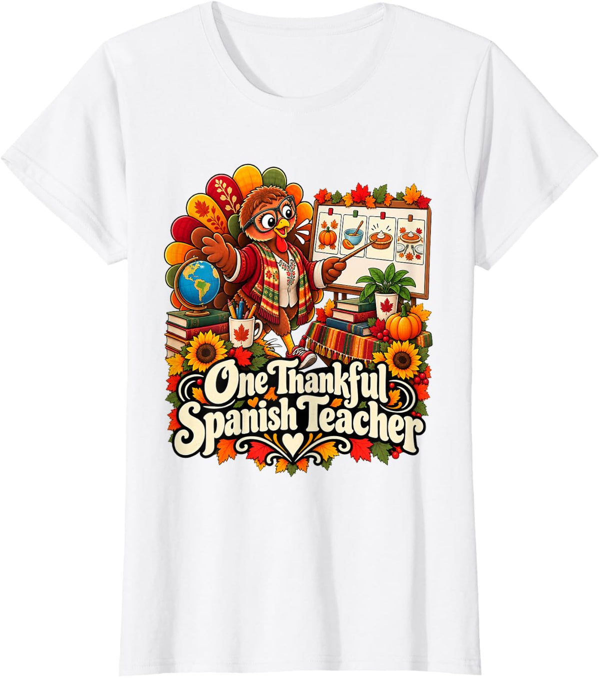 One Thankful Spanish Teacher Thanksgiving Turkey T-Shirt - White