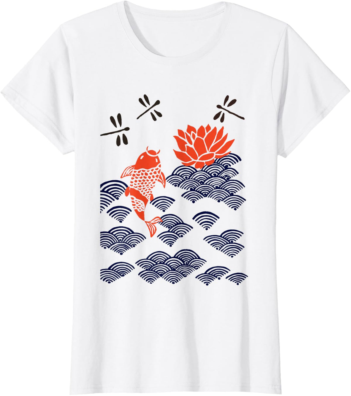 Japanese Style Koi Fish Dragonfly Wave Art Print Tee T-Shirt - White